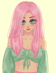 Size: 1000x1300 | Tagged: safe, artist:liahsaflor, fluttershy, human, alternate hairstyle, blushing, clothes, eyeshadow, female, green background, humanized, makeup, pants, shirt, simple background, solo