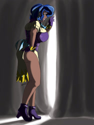 Size: 2536x3375 | Tagged: safe, artist:moronsonofboron, sapphire shores, human, art pack:my little sweetheart, g4, african american, big breasts, blue hair, breasts, busty sapphire shores, curtains, dark skin, female, high heels, huge breasts, humanized, shoes, solo