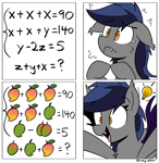 Size: 2594x2664 | Tagged: safe, artist:icey, oc, oc only, oc:echo, bat pony, g4, comic, fangs, floppy ears, food, high res, hooves together, lightbulb, mango, math, simple background, solo, sweat, white background