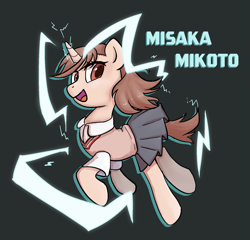 Size: 1695x1629 | Tagged: safe, artist:brella, pony, unicorn, a certain scientific railgun, clothes, dark gray background, electricity, female, filly, foal, horn, misaka mikoto, open mouth, ponified, school uniform, simple background, skirt, smiling, solo, teenager, text