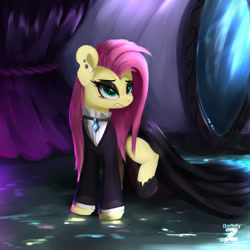 Size: 1920x1920 | Tagged: safe, artist:darksly, fluttershy, pegasus, pony, g4, clothes, dress, ear piercing, earring, female, fluttergoth, gritted teeth, hoof shoes, jewelry, mare, piercing, redraw, shirt, solo, teeth