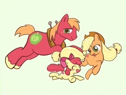 Size: 2319x1753 | Tagged: safe, artist:高纯度灰, apple bloom, applejack, big macintosh, earth pony, pony, adorabloom, apple siblings, apple sisters, blushing, brother and sister, cute, eyes closed, female, filly, foal, male, mare, open mouth, patterned background, prancing, siblings, sisters, smiling, stallion