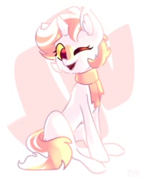Size: 677x849 | Tagged: safe, artist:tsarstvo, oc, oc only, pony, unicorn, clothes, concave belly, countershading, horn, one eye closed, open mouth, open smile, pink mane, scarf, slender, smiling, solo, thin, unicorn oc, white coat, wink