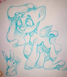 Size: 950x1080 | Tagged: safe, artist:tsarstvo, angel bunny, fluttershy, pegasus, pony, rabbit, g4, animal, concave belly, duo, female, flower, mare, pencil drawing, photo, sketch, slender, smiling, thin, traditional art