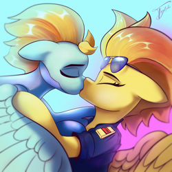 Size: 2400x2400 | Tagged: safe, artist:tyleks, lightning dust, spitfire, pegasus, pony, g4, clothes, cute, drink, duo, duo female, female, french kiss, kissing, lesbian, mare, shipping, signature, simple background, spitdust, uniform, wonderbolts uniform