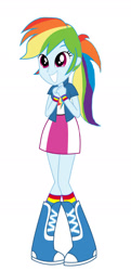 Size: 1024x2107 | Tagged: safe, artist:mlpfan1993, rainbow dash, human, equestria girls, g4, alternate hairstyle, boots, clothes, cute, dashabetes, female, grin, ponytail, rainbow socks, shoes, simple background, skirt, smiling, socks, solo, striped socks, white background