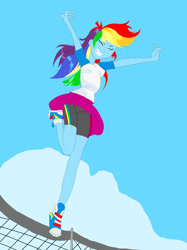 Size: 1024x1366 | Tagged: safe, artist:mlpfan1993, rainbow dash, human, equestria girls, g4, blue sky, clothes, cute, dashabetes, eyes closed, female, grin, march radness, net, shoes, skirt, smiling, sneakers, solo