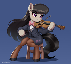 Size: 2032x1842 | Tagged: safe, artist:vinilyart, octavia melody, earth pony, pony, semi-anthro, g4, blue background, blushing, bow (instrument), bowtie, clothes, colored pinnae, cutie mark on clothes, ear fluff, ear piercing, earring, eye clipping through hair, eyebrows, eyebrows visible through hair, eyelashes, eyeshadow, female, flowing mane, hoof hold, hoof shoes, jacket, jewelry, looking at something, makeup, mare, musical instrument, piercing, shadow, shirt, shoes, signature, simple background, sitting, skirt, solo, stockings, stool, thigh highs, turned head, violin