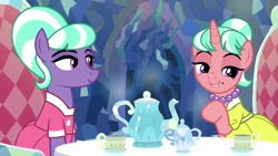 Size: 1280x720 | Tagged: safe, edit, edited screencap, screencap, stepford ponies, pony, unicorn, what lies beneath, clothes, cup, dress, duo, female, horn, jewelry, mare, necklace, nightmare cave, pearl necklace, smiling, table, tea party, teapot