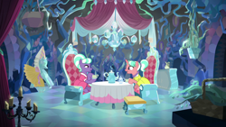 Size: 1280x720 | Tagged: safe, edit, edited screencap, screencap, stepford ponies, earth pony, pony, unicorn, g4, what lies beneath, candle, chair, clothes, cup, dress, duo, female, horn, jewelry, looking at each other, looking at someone, mare, necklace, pearl necklace, smiling, smiling at each other, table, tea party, teacup, teapot