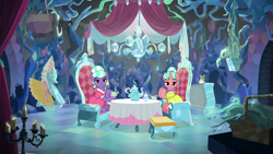 Size: 1280x720 | Tagged: safe, edit, edited screencap, screencap, stepford ponies, earth pony, pony, unicorn, what lies beneath, chair, clothes, cup, dress, fancy dress, female, hooves together, horn, jewelry, lidded eyes, mare, necklace, pearl necklace, sitting, sitting together, smiling, table, tea party, teacup, teapot