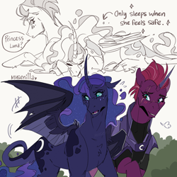 Size: 2048x2048 | Tagged: safe, artist:musenilla, princess luna, tempest shadow, alicorn, pony, g4, armor, artificial horn, female, lesbian, lineart, peytral, ship:tempestluna, shipping, text