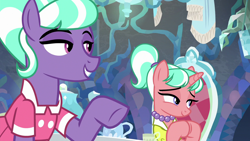 Size: 1280x720 | Tagged: safe, edit, edited screencap, screencap, stepford ponies, earth pony, pony, unicorn, g4, what lies beneath, chair, clothes, cup, dress, duo, female, grin, horn, jewelry, lidded eyes, mare, necklace, pearl necklace, smiling, table, tea party, teacup, teapot