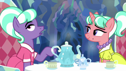 Size: 1280x720 | Tagged: safe, screencap, stepford ponies, earth pony, pony, unicorn, g4, what lies beneath, chair, clothes, cup, dress, duo, fancy dress, female, horn, jewelry, lidded eyes, mare, necklace, pearl necklace, raised hoof, sitting, smiling, table, tea party, teacup, teapot