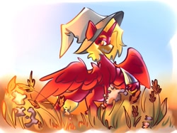 Size: 1053x789 | Tagged: safe, artist:kingdom, oc, oc only, alicorn, pony, alicorn oc, grass, horn, red coat, sky, solo, wings
