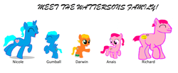 Size: 3040x1248 | Tagged: safe, artist:memeartboi, earth pony, pegasus, pony, unicorn, anais watterson, brother and sister, brothers, buff, clothes, colt, daisy the donkey, darwin watterson, doll, family, father, father and child, father and daughter, father and son, female, filly, foal, group, gumball watterson, happy, heart, horn, husband and wife, male, mare, mother, mother and child, mother and daughter, mother and father, mother and son, muscles, nicole watterson, parent, ponified, quintet, richard watterson, siblings, simple background, socks, stallion, the amazing world of gumball, toy, white background