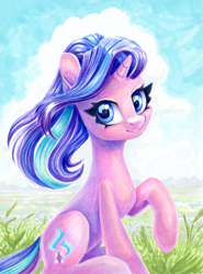 Size: 888x1200 | Tagged: safe, artist:maytee, starlight glimmer, pony, unicorn, g4, cloud, cute, day, glimmerbetes, grass, horn, raised hoof, sitting, sky, smiling, solo, traditional art, windswept mane
