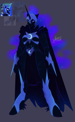Size: 1254x2048 | Tagged: safe, artist:xbeih, nightmare moon, alicorn, anthro, unguligrade anthro, g4, armor, cape, clothes, ethereal mane, female, horn, simple background, slit pupils, solo, wrist blade