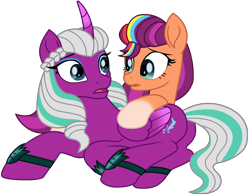 Size: 8570x6731 | Tagged: safe, opaline arcana, sunny starscout, alicorn, earth pony, pony, g4, g5, my little pony: make your mark, my little pony: tell your tale, spoiler:g5, a better ending for opaline arcana, bracelet, butt, coat markings, eyeshadow, g5 to g4, generation leap, implied lesbian, implied shipping, jewelry, looking at each other, looking at someone, lying down, makeup, movie reference, multicolored hair, opal-ass, plot, rainbow hair, simple background, transparent background, vector