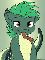 Size: 3000x4000 | Tagged: safe, artist:whyvernad, oc, oc only, oc:dalar, lamia, original species, gradient background, green hair, male, solo, tongue out