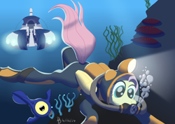 Size: 1600x1132 | Tagged: safe, artist:darkdabula, fluttershy, fish, crossover, dive mask, diving, goggles, scuba gear, submarine, subnautica, wetsuit