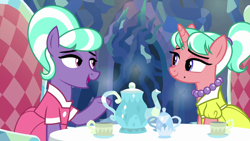 Size: 1280x720 | Tagged: safe, edit, edited screencap, screencap, stepford ponies, earth pony, pony, unicorn, what lies beneath, clothes, cup, dress, duo, fancy dress, female, horn, jewelry, looking at each other, looking at someone, mare, necklace, open mouth, open smile, pearl necklace, sitting, smiling, smiling at each other, table, tea party, teacup, teapot