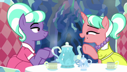 Size: 1280x720 | Tagged: safe, edit, edited screencap, screencap, stepford ponies, earth pony, pony, unicorn, what lies beneath, chair, clothes, cup, dress, fancy dress, female, horn, jewelry, lidded eyes, looking at each other, looking at someone, mare, necklace, open mouth, open smile, pearl necklace, sitting, smiling, smiling at each other, table, tea party, teacup, teapot