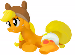 Size: 2732x2048 | Tagged: safe, artist:asdfasfasda, applejack, earth pony, pony, g4, blushing, diaper, distant stare, female, freckles, hat, lying down, mare, non-baby in diaper, simple background, smiling, solo, white background, white diaper
