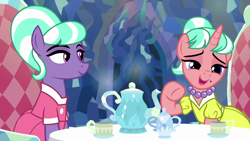 Size: 1280x720 | Tagged: safe, edit, edited screencap, screencap, stepford ponies, pony, what lies beneath, chair, clothes, cup, dress, duo, female, jewelry, lidded eyes, mare, necklace, open mouth, open smile, pearl necklace, sitting, smiling, table, tea party, teacup, teapot