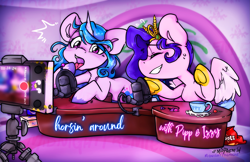 Size: 3091x2000 | Tagged: safe, artist:midnightpremiere, izzy moonbow, pipp petals, pegasus, pony, unicorn, g5, cellphone, chips, commission, cup, desk, doritos, duo, duo female, emanata, female, food, grin, high res, hoof licking, horn, licking, mare, microphone, nervous sweat, open mouth, phone, plewds, smartphone, smiling, sweat, teacup, tongue out