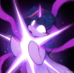 Size: 1906x1899 | Tagged: safe, artist:lerkfruitbat, twilight sparkle, alicorn, pony, g4, black background, blank eyes, eyebrows, eyebrows visible through hair, female, glowing, glowing eyes, horn, magic, mare, open mouth, signature, simple background, solo, stars, twilight sparkle (alicorn), wings