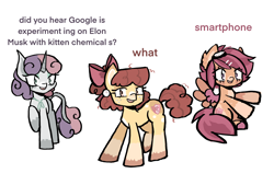 Size: 3186x2148 | Tagged: safe, artist:linatron, apple bloom, scootaloo, sweetie belle, earth pony, pegasus, unicorn, g4, cutie mark crusaders, horn, meme, simple background, white background