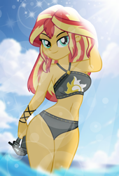 Size: 678x1000 | Tagged: safe, artist:emeraldblast63, sunset shimmer, human, equestria girls, g4, belly button, bikini, breasts, busty sunset shimmer, clothes, legs in the water, lens flare, looking at you, partially submerged, sexy, solo, stupid sexy sunset shimmer, sunlight, sunset shimmer swimsuit, swimsuit