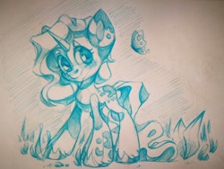 Size: 1080x810 | Tagged: safe, artist:kingdom, butterfly, pony, unicorn, horn, smiling, traditional art
