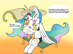 Size: 1303x956 | Tagged: safe, artist:therainbowtroll, princess celestia, scootaloo, alicorn, pegasus, pony, g4, animal costume, beach chair, bikini, blushing, chair, chicken suit, clothes, costume, cute, cutealoo, cutelestia, derp, dialogue, everything went better than expected, fire, gradient background, hat, heart, hug, implied trollestia, meme, scootachicken, scootalove, speech bubble, sun, swimsuit, swirly eyes, tanning, to the sun, trollestia