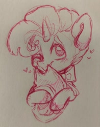 Size: 845x1080 | Tagged: safe, artist:kingdom, oc, oc only, unicorn, bust, female, filly, foal, horn, sketch, smiling, solo, traditional art