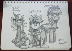 Size: 1507x1080 | Tagged: safe, oc, oc only, oc:calamity, oc:littlepip, oc:velvet remedy, pegasus, pony, unicorn, fallout equestria, black and white, grayscale, horn, monochrome, pencil drawing, traditional art