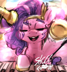 Size: 2007x2160 | Tagged: safe, artist:skullfroggy, pipp petals, pegasus, pony, g5, crown, eyes closed, female, headband, jewelry, mare, microphone, musical instrument, piano, pink coat, purple mane, purple tail, raised hoof, regalia, shiny, signature, smiling, solo, tail, white text
