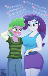 Size: 1900x2990 | Tagged: safe, artist:theretroart88, rarity, spike, human, equestria girls, g4, arm behind head, big breasts, blushing, breasts, cleavage, clothes, denim, dialogue, duo, female, hairpin, heart, jeans, legs together, male, pants, purple skirt, ship:sparity, shipping, shirt, skirt, straight, striped shirt, sweat, sweatdrop