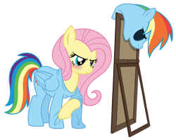 Size: 1200x962 | Tagged: safe, artist:jennieoo, fluttershy, rainbow dash, pegasus, pony, g4, blushing, clothes, confident, costume, disguise, mirror, ponysuit, rainbow dash costume, show accurate, simple background, smug, suiting, transparent background, vector