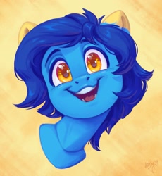 Size: 1989x2160 | Tagged: safe, artist:amishy, oc, oc only, oc:helmie, pony, abstract background, bust, head tilt, looking at you, open mouth, open smile, signature, smiling, smiling at you, solo