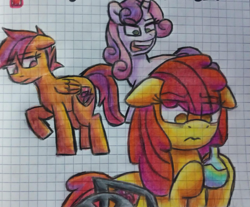 Size: 1285x1062 | Tagged: safe, apple bloom, scootaloo, sweetie belle, earth pony, pegasus, unicorn, fanfic:an apple sleep experiment, fanfic art, horn, older, older apple bloom, older scootaloo, older sweetie belle, pencil drawing, traditional art