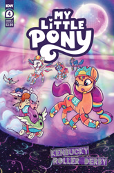 Size: 2063x3131 | Tagged: safe, artist:sophie scruggs, idw, official comic, izzy moonbow, misty brightdawn, sunny starscout, zipp storm, earth pony, pegasnail, pegasus, snail, unicorn, g5, kenbucky roller derby #4, my little pony: kenbucky roller derby, my little pony: tell your tale, official, spoiler:comic, spoiler:g5, spoiler:g5comic, blue coat, blue mane, colored wings, comic, comic cover, cover, cover art, cyan eyes, disco ball, female, green eyes, happy, horn, lighting, lights, mane stripe sunny, mare, nervous, orange coat, purple coat, roller skates, rollerblades, skates, smiling, surprised, tail, two toned mane, two toned tail, two toned wings, white coat, wings