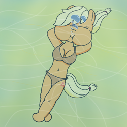 Size: 1500x1500 | Tagged: safe, artist:frankysniper, applejack, earth pony, anthro, unguligrade anthro, g4, air bubble, belly button, bikini, bubble, clothes, eyes closed, holding breath, midriff, ocean, puffy cheeks, seabed, solo, swimsuit, underwater, water