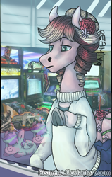 Size: 682x1070 | Tagged: safe, artist:reamina, oc, earth pony, pony, arcade, clothes, female, mare, plushie, solo, sweater