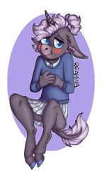 Size: 1066x1812 | Tagged: safe, artist:reamina, oc, oc only, unicorn, anthro, unguligrade anthro, clothes, floppy ears, horn, skirt, solo, sweater