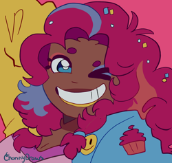 Size: 1716x1624 | Tagged: safe, artist:channydraws, pinkie pie, human, arm behind head, breasts, bust, cleavage, grin, humanized, looking at you, moderate dark skin, one eye closed, pink background, simple background, smiling, smiling at you, solo, wink, winking at you