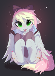 Size: 3019x4120 | Tagged: safe, artist:empress-twilight, oc, oc only, oc:blazey sketch, pegasus, pony, :p, belly, belly button, blushing, bow, butt, clothes, cute, ear fluff, eye clipping through hair, featureless crotch, female, floppy ears, fluffy, frog (hoof), green eyes, grey fur, hair bow, high res, hoof fluff, hoofbutt, looking at you, mare, mlem, multicolored hair, multicolored mane, ocbetes, plot, silly, sitting, solo, sweater, tongue out, underhoof