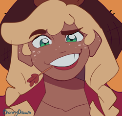 Size: 1716x1624 | Tagged: safe, artist:channydraws, applejack, human, g4, bust, close-up, eyebrows, female, freckles, grin, humanized, looking at you, orange background, raised eyebrow, signature, simple background, smiling, smiling at you, solo, straw in mouth, tan skin