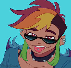 Size: 1716x1624 | Tagged: safe, artist:channydraws, rainbow dash, human, blue background, bust, choker, ear piercing, earring, female, humanized, jewelry, looking at you, piercing, simple background, solo, spiked choker, sunglasses, tan skin, tongue out, tongue piercing